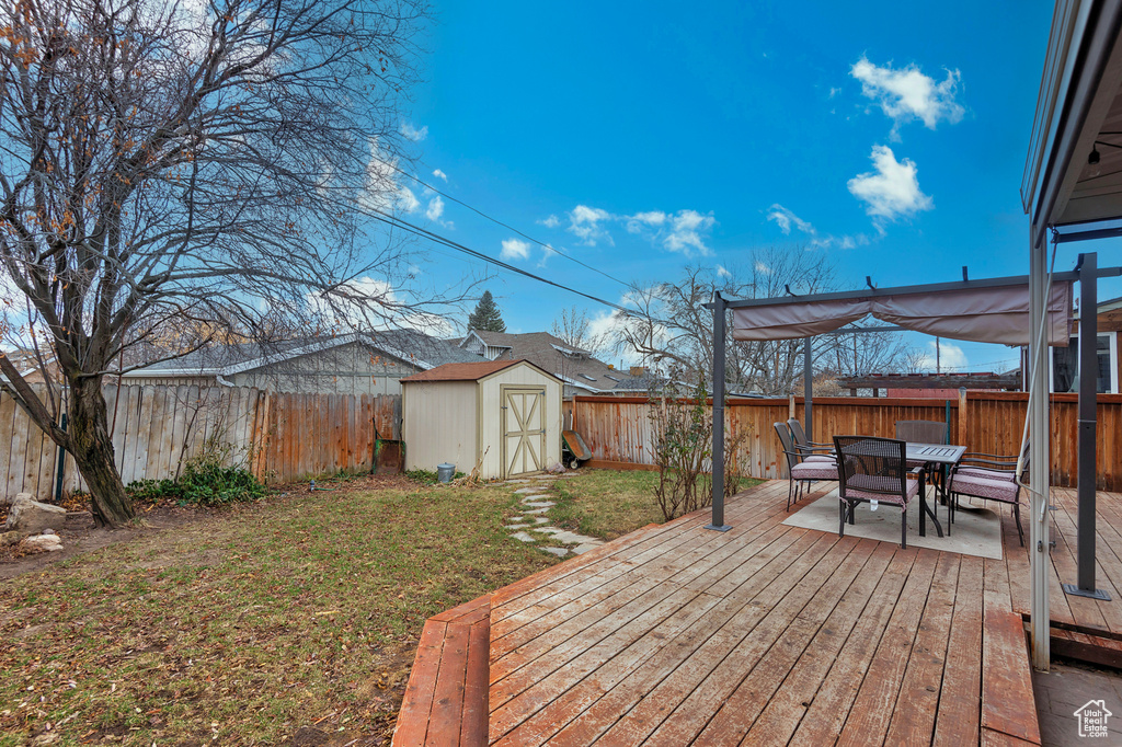 Wooden terrace with a storage unit and a lawn