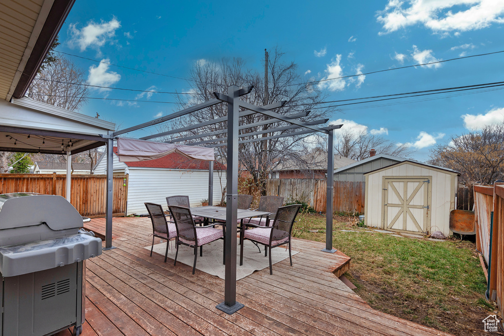 Wooden deck with area for grilling and a storage unit