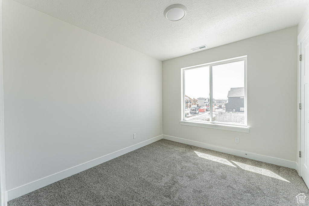 Empty room with carpet flooring, baseboards, and a textured ceiling