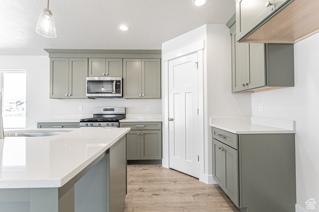 Kitchen featuring stainless steel appliances, gray cabinets, light wood-style floors, recessed lighting, and light countertops