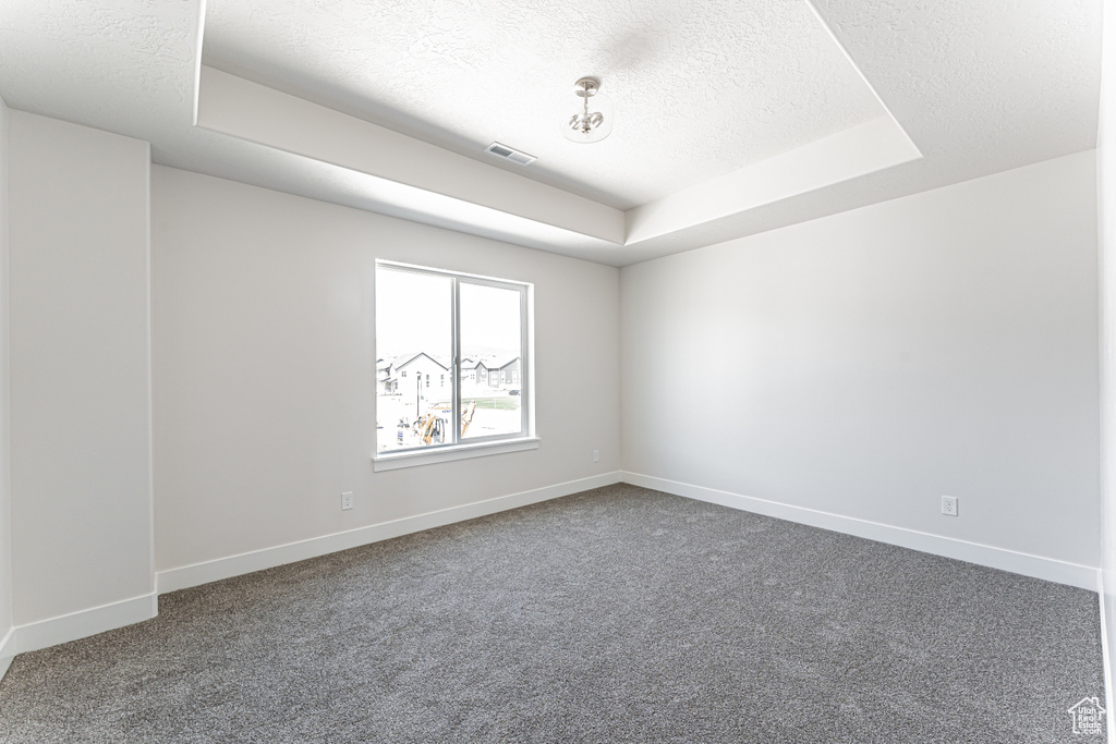 Spare room featuring a raised ceiling, a textured ceiling, carpet floors, and baseboards