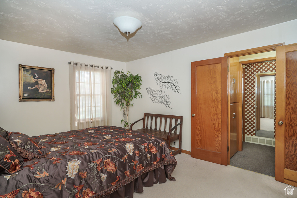 Carpeted bedroom with a textured ceiling