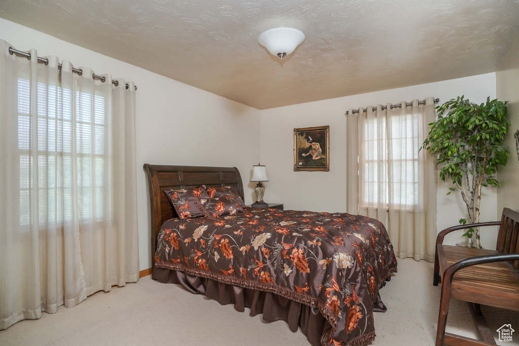 Carpeted bedroom featuring a textured ceiling