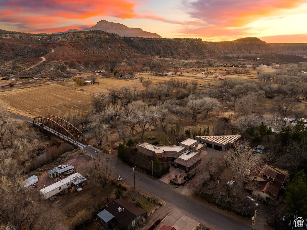 Aerial view at dusk of a mountain view