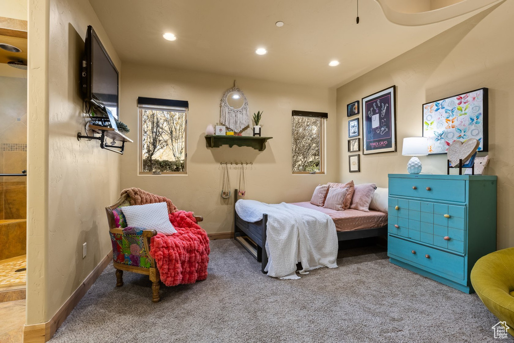 Carpeted bedroom featuring recessed lighting and baseboards
