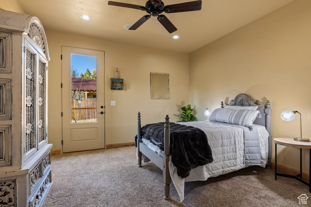 Bedroom with baseboards, carpet floors, access to exterior, recessed lighting, and a ceiling fan