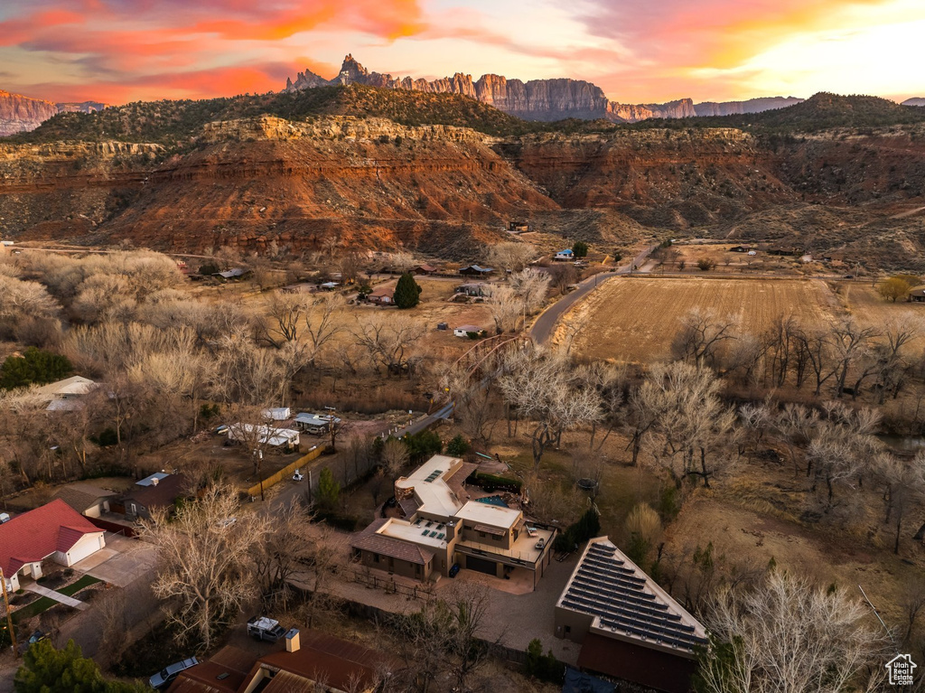 Aerial view at dusk of a mountain view