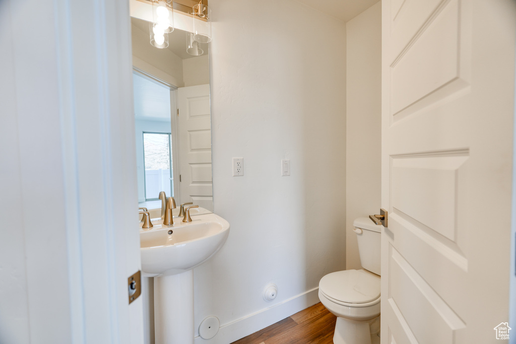 Bathroom featuring sink, toilet, and hardwood / wood-style floors