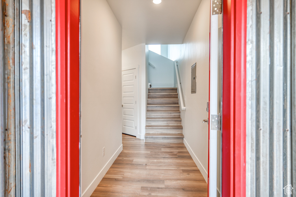 Foyer with light wood-type flooring