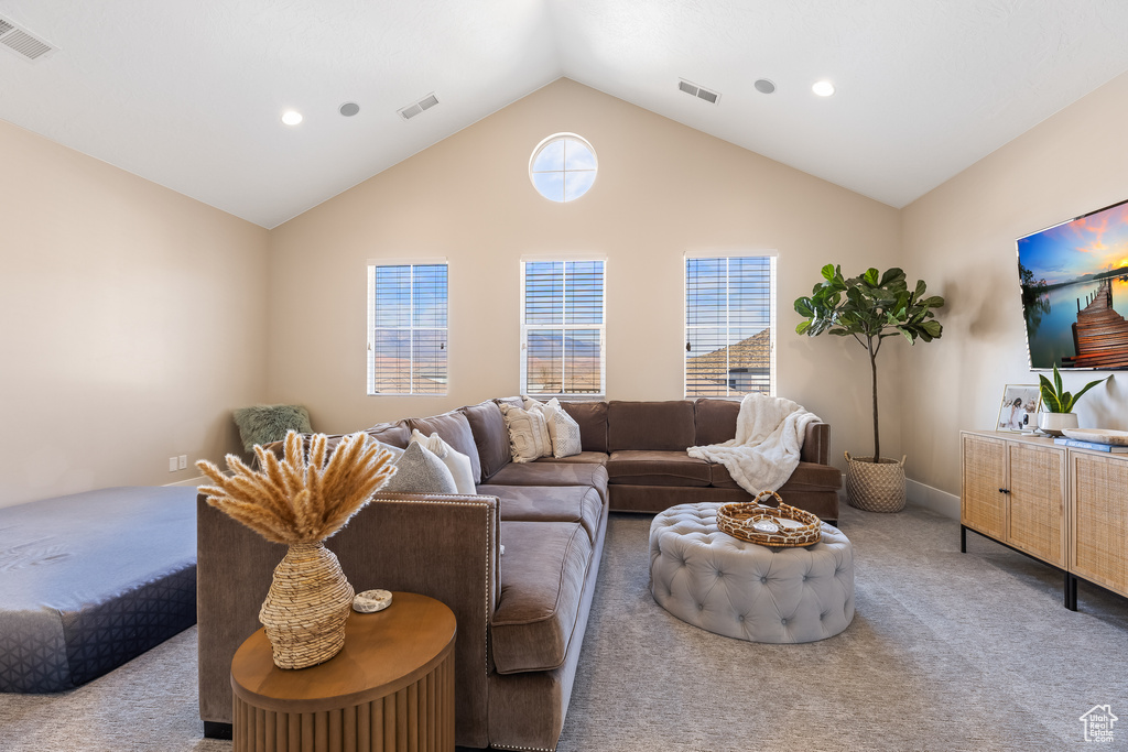 Carpeted living room featuring lofted ceiling