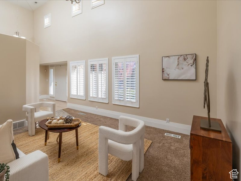 Living area featuring light carpet and a high ceiling