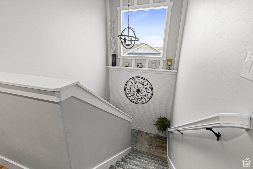 Stairs featuring hardwood / wood-style floors