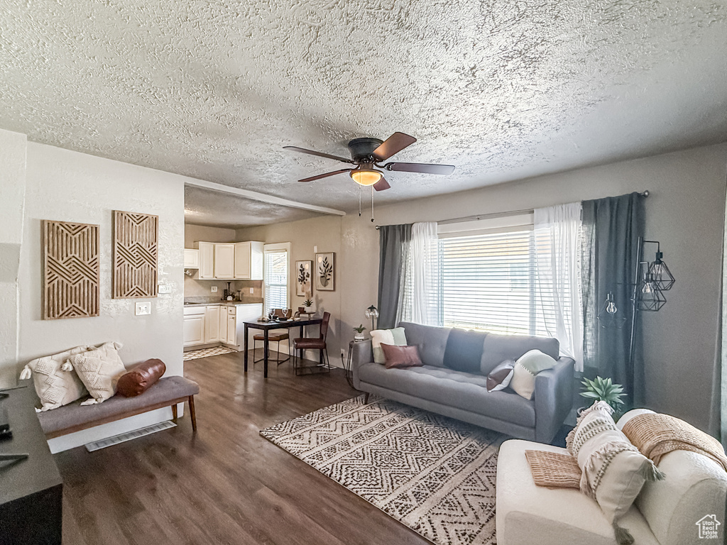 Living area with dark wood-type flooring, a textured ceiling, ceiling fan, and plenty of natural light