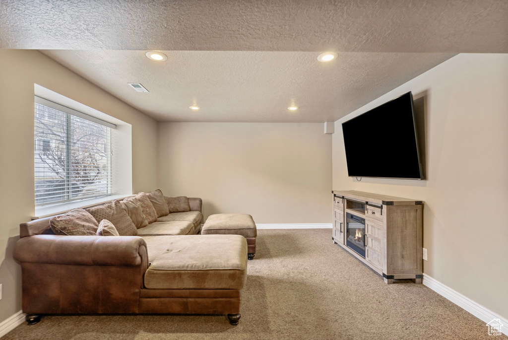 Living room with carpet floors and a textured ceiling