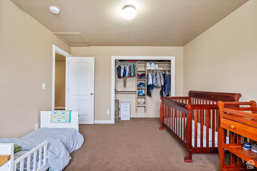 Carpeted bedroom with a closet and a textured ceiling