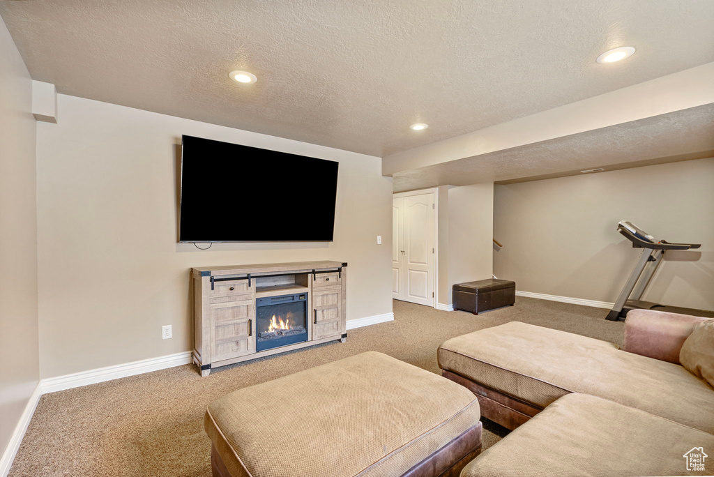 Living room with a textured ceiling and carpet flooring