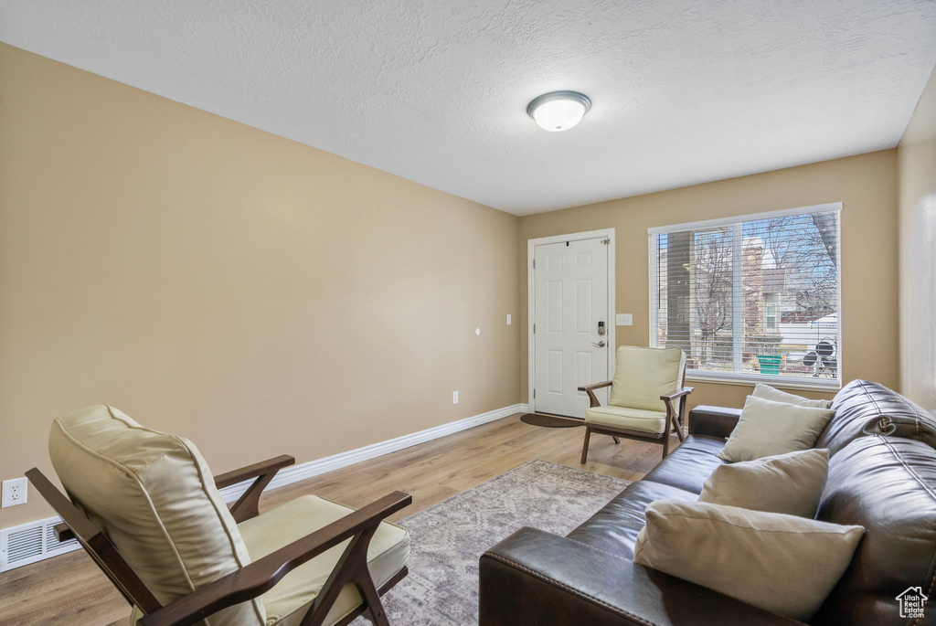 Living room featuring light hardwood / wood-style floors and a textured ceiling