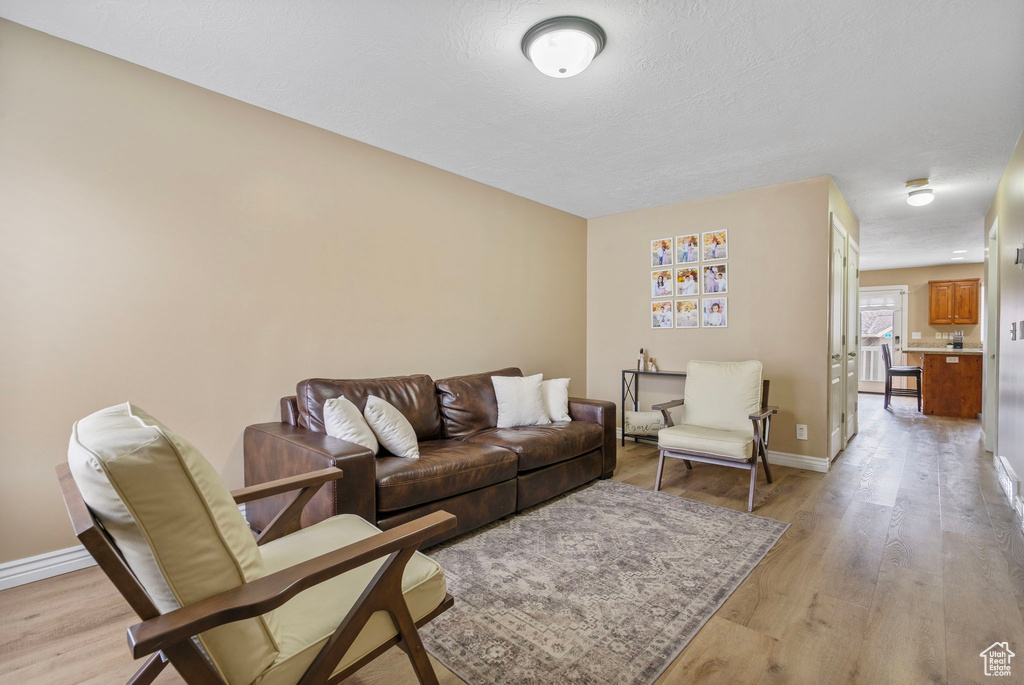 Living room with light hardwood / wood-style flooring and a textured ceiling