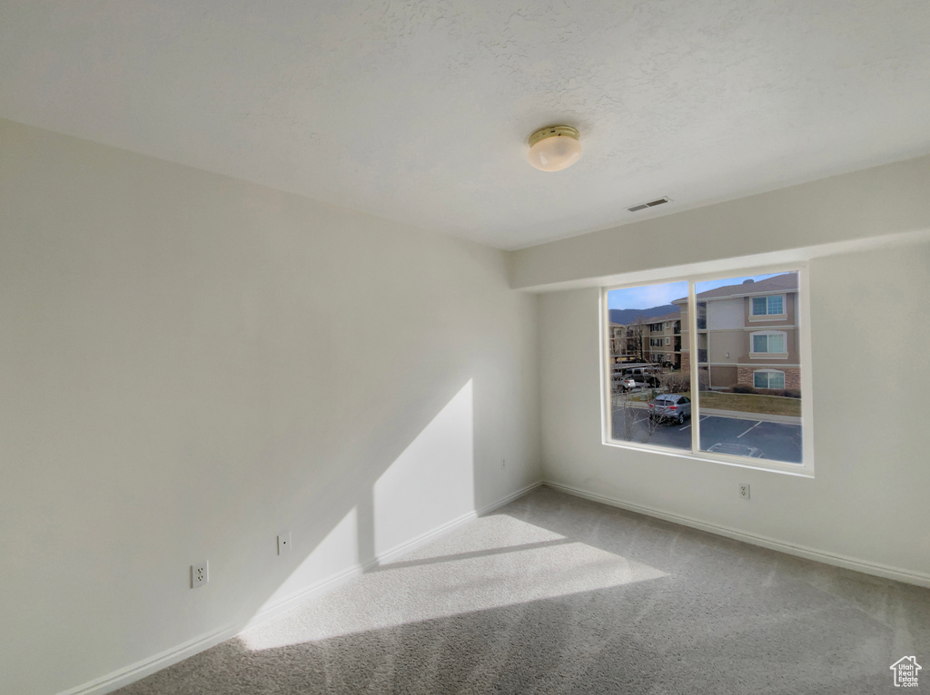 Carpeted spare room featuring a textured ceiling