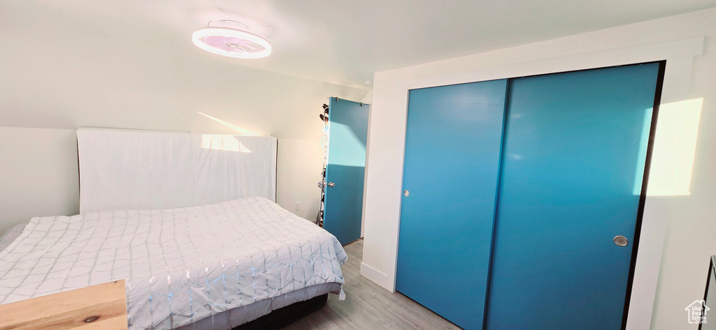 Bedroom with a closet and light wood-type flooring