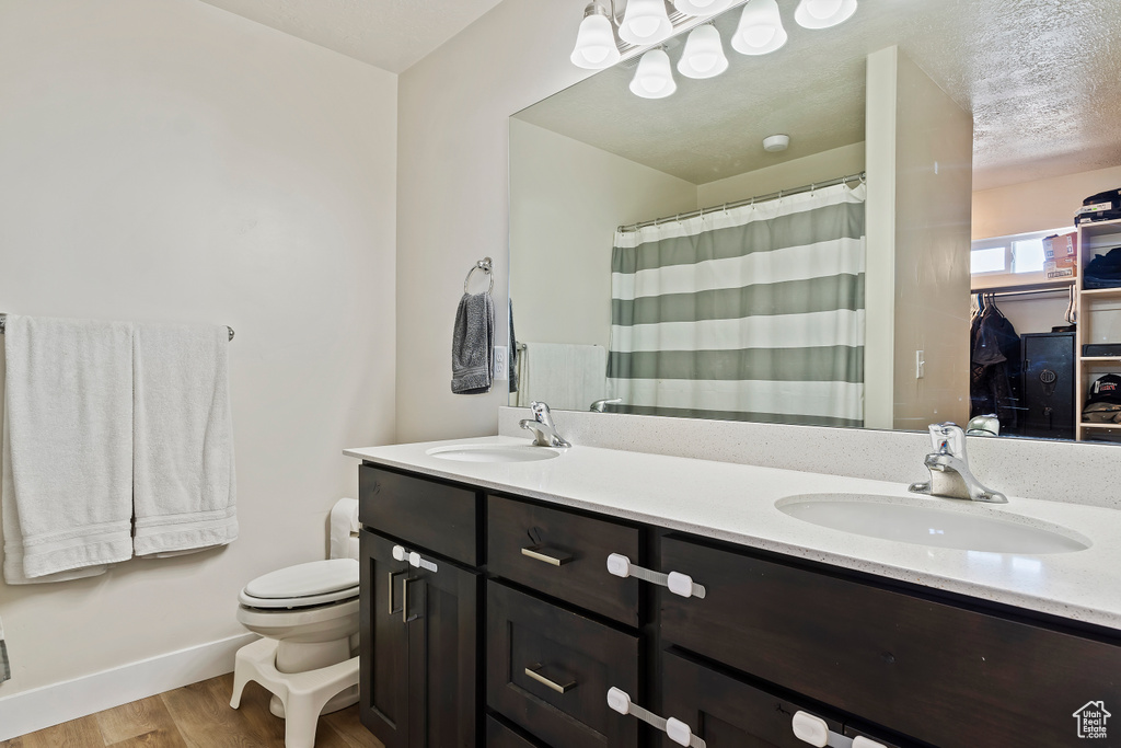 Bathroom with double vanity, wood finished floors, a sink, and toilet