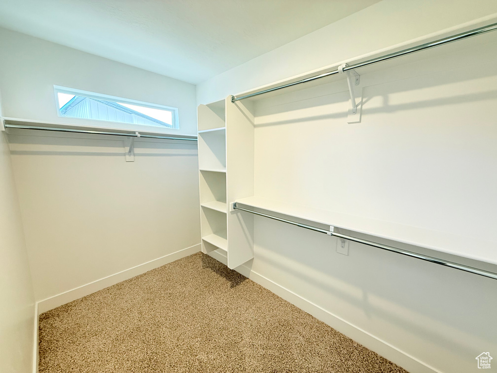 Walk in closet featuring light carpet