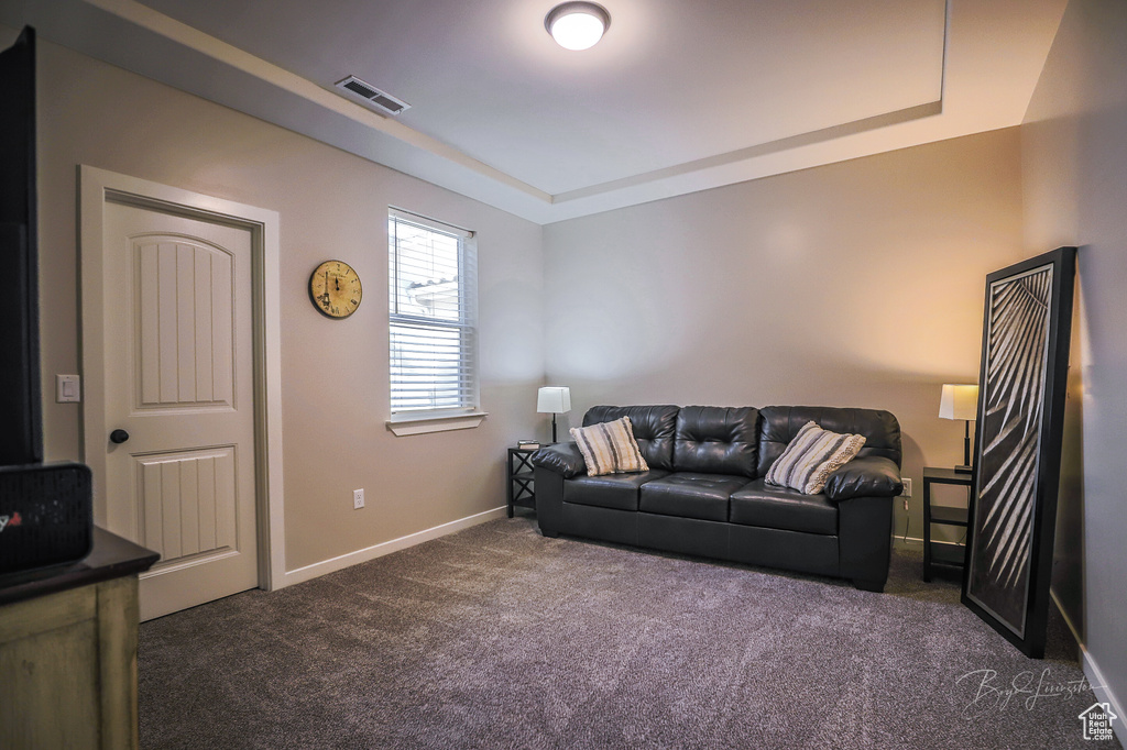 Carpeted living room with a tray ceiling