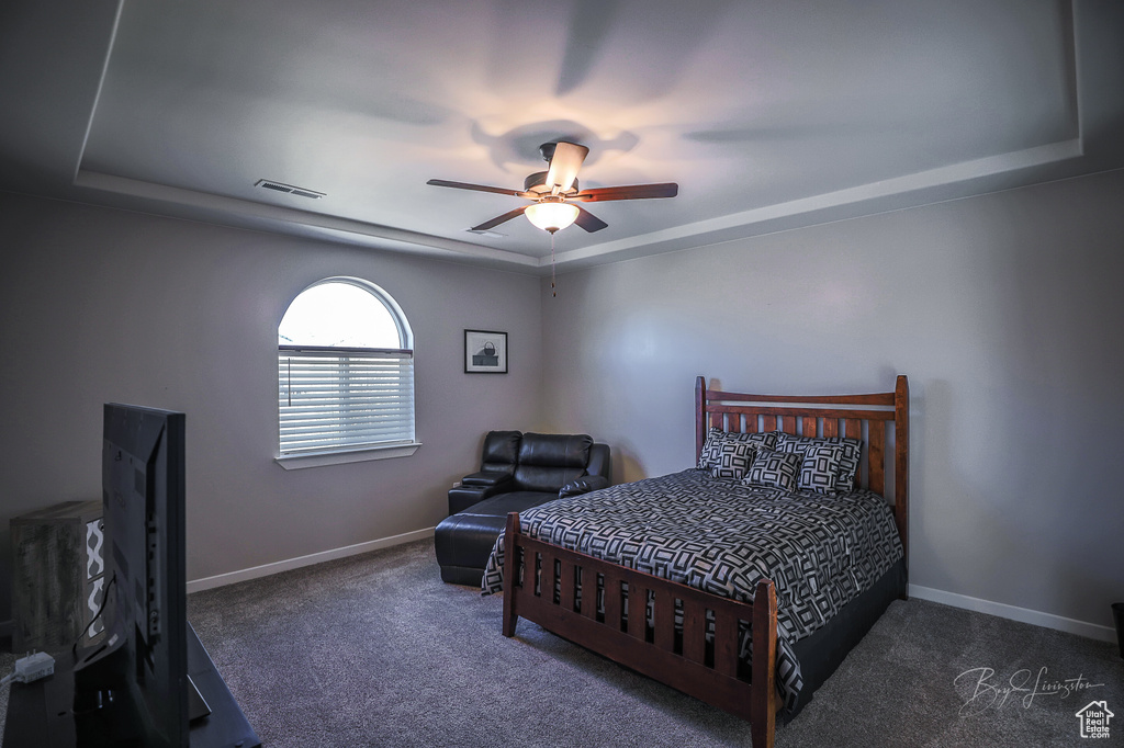 Bedroom featuring a raised ceiling, carpet floors, and ceiling fan