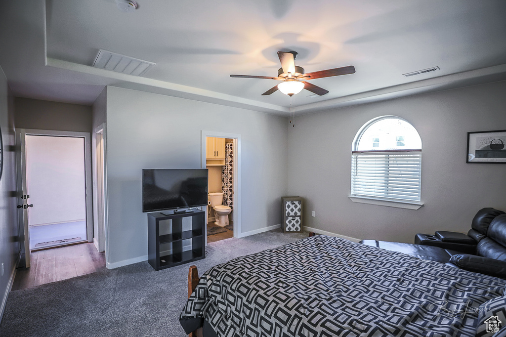 Carpeted bedroom with ceiling fan and ensuite bath