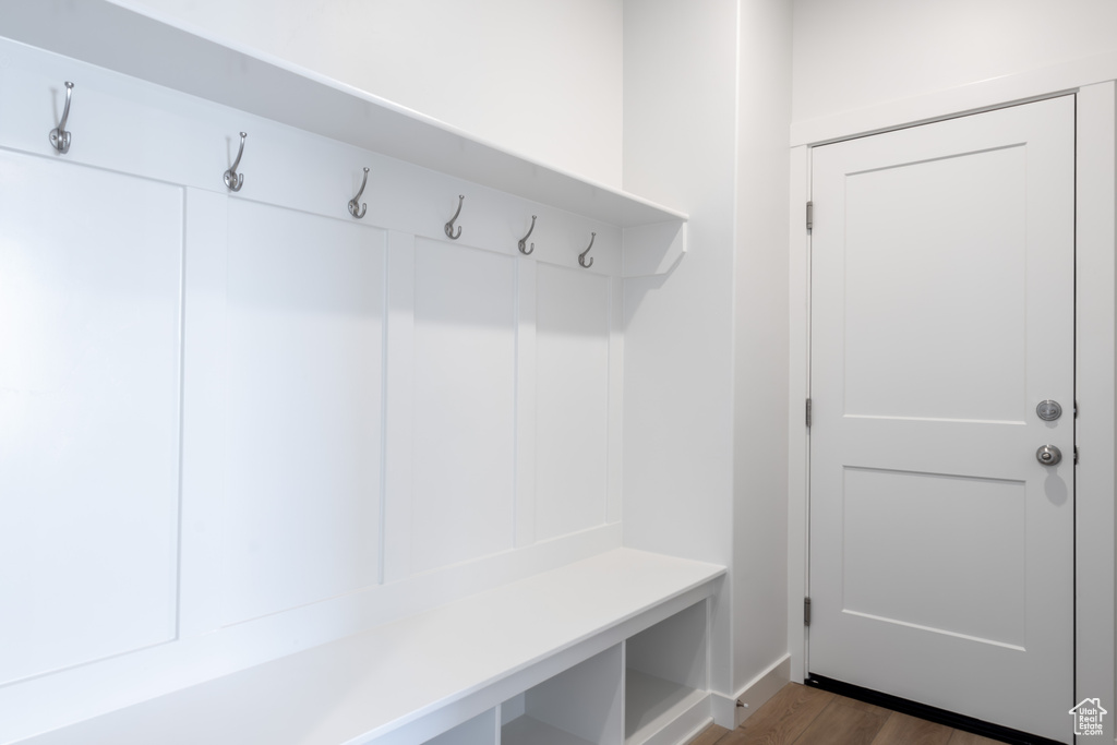 Mudroom featuring dark wood-type flooring