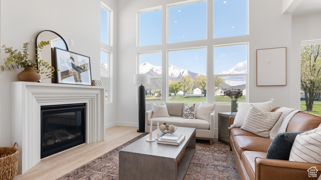 Living room featuring a high ceiling, wood finished floors, a glass covered fireplace, and a mountain view