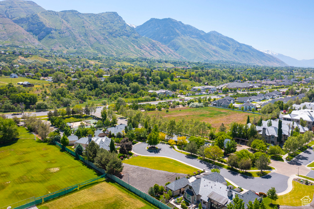 Aerial view of residential area with mountains