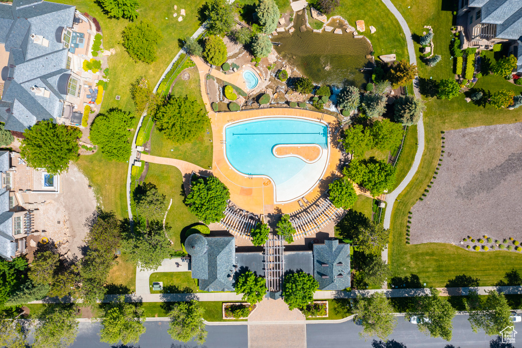 Drone / aerial view of a pool area