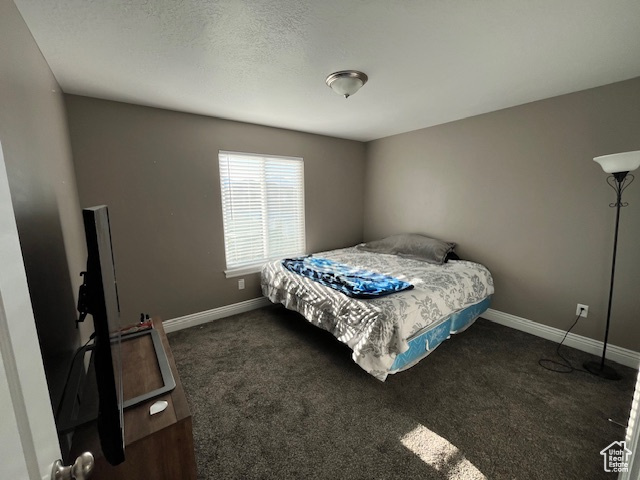 Bedroom featuring dark colored carpet, baseboards, and a textured ceiling