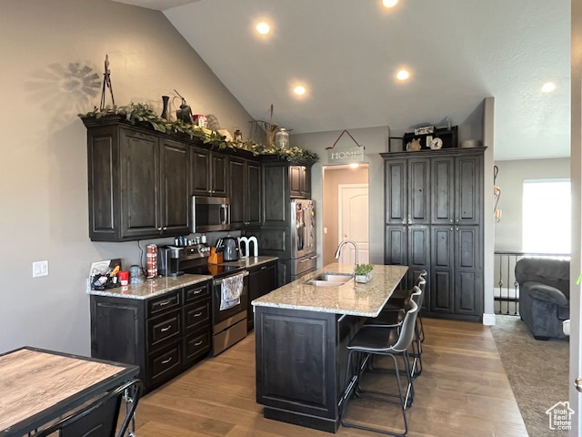 Kitchen featuring light wood-style floors, an island with sink, light stone countertops, a sink, and stainless steel appliances