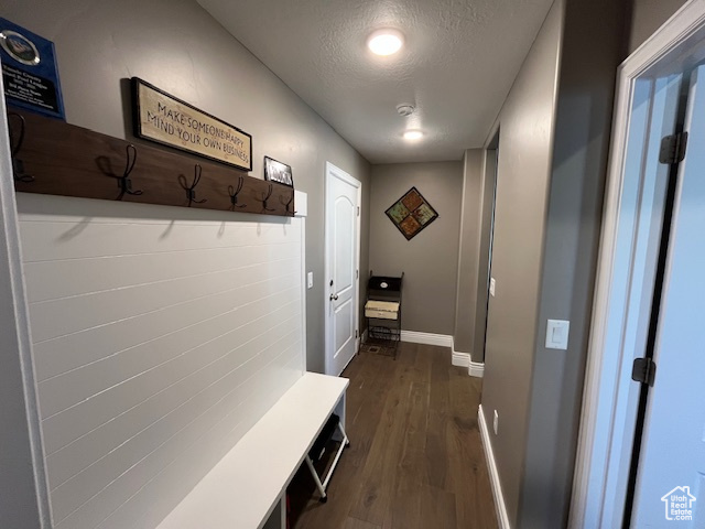 Mudroom with dark wood-type flooring, baseboards, and a textured ceiling