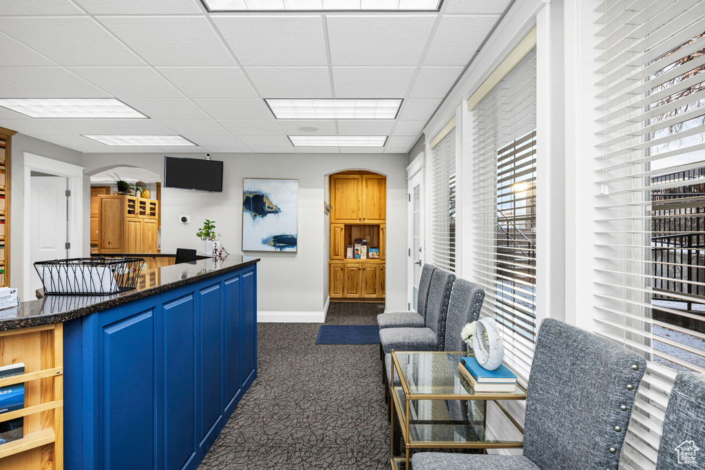 Kitchen featuring blue cabinets, a drop ceiling, and dark carpet