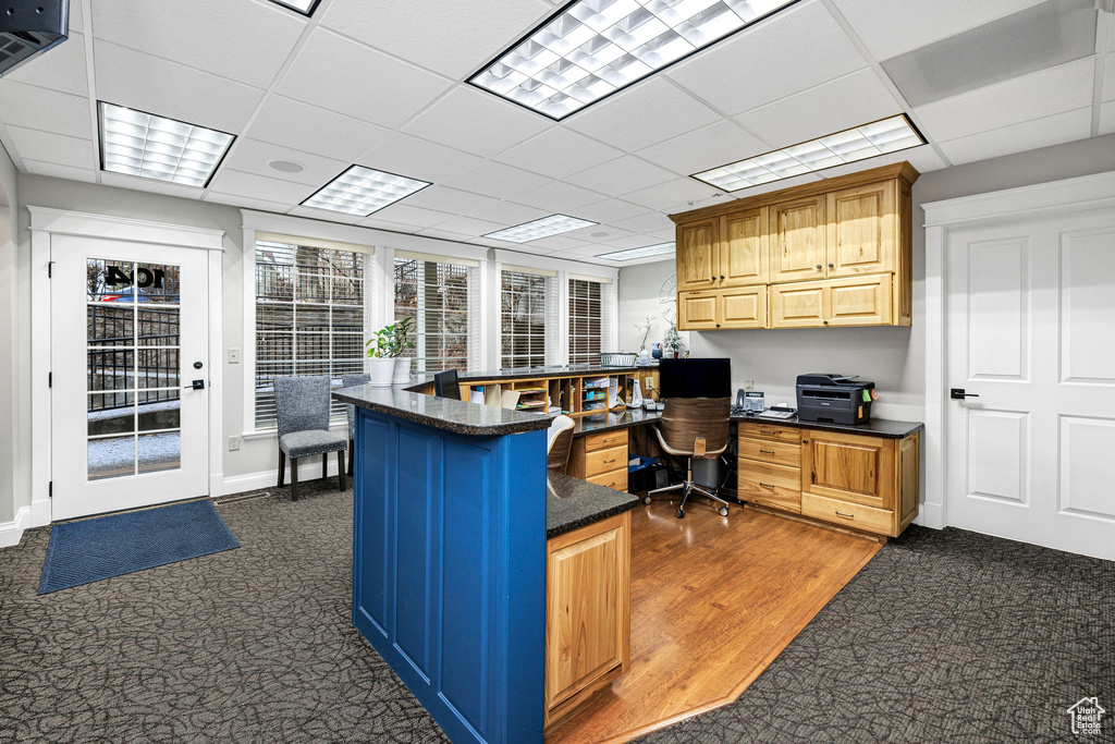 Carpeted office with a paneled ceiling