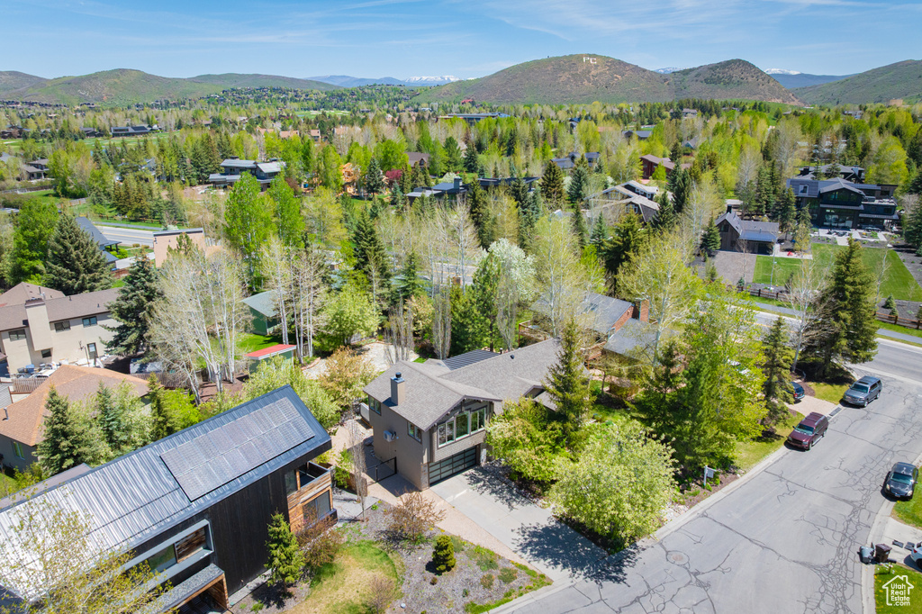 Aerial perspective of suburban area featuring a mountainous background