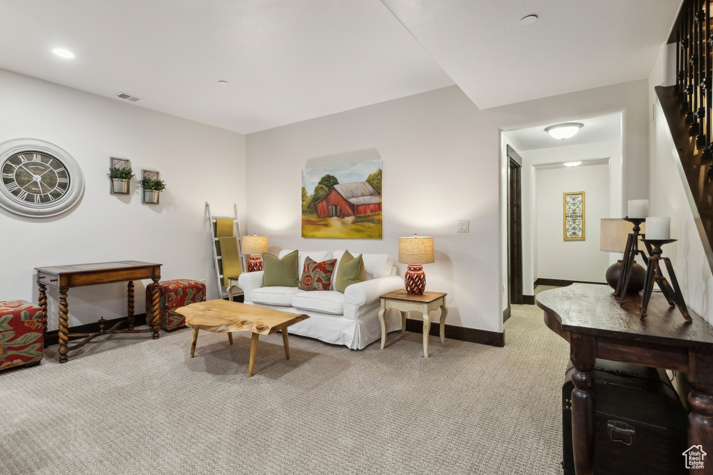 Living room with light carpet