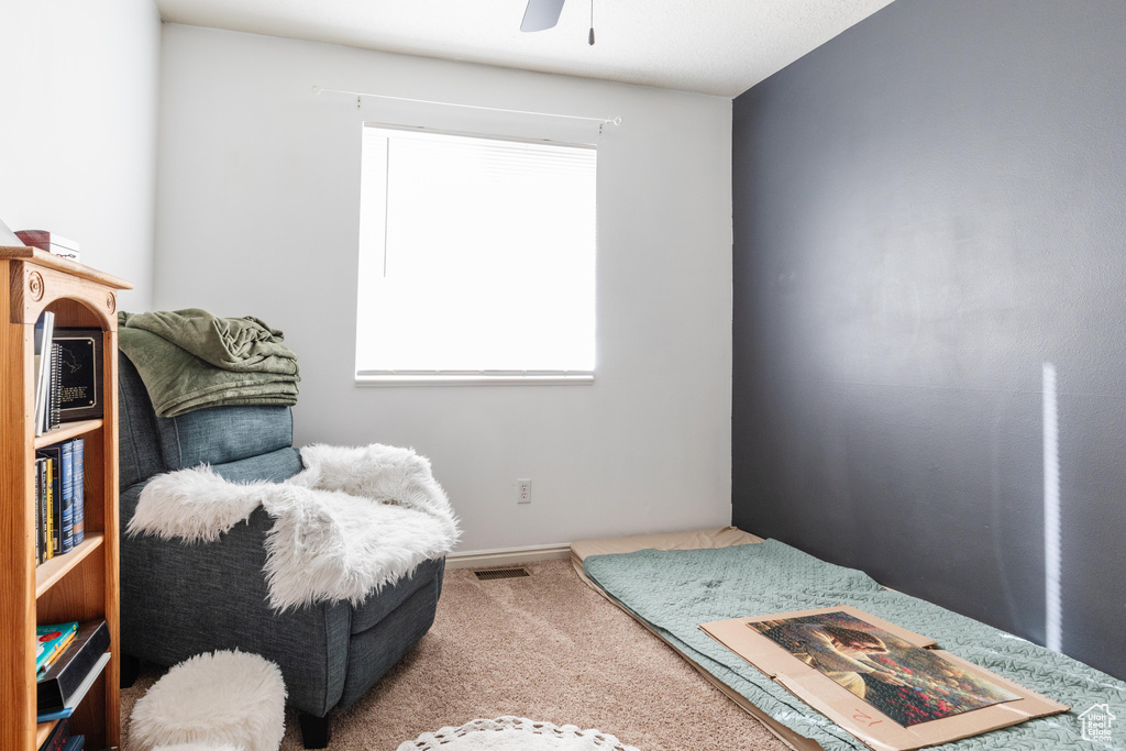 Living area featuring ceiling fan and carpet flooring