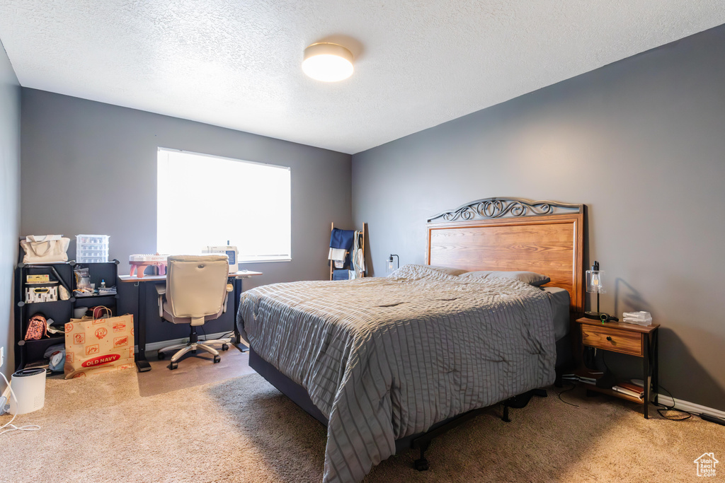 Carpeted bedroom featuring a textured ceiling