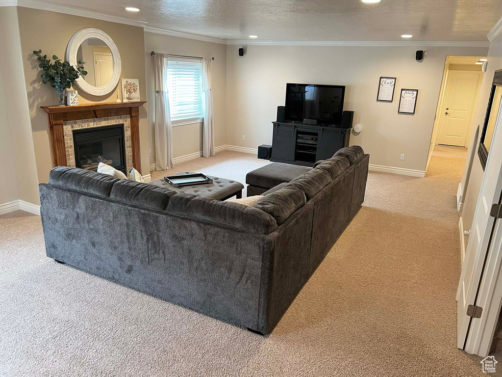 Living room featuring light carpet, a fireplace, ornamental molding, and a textured ceiling