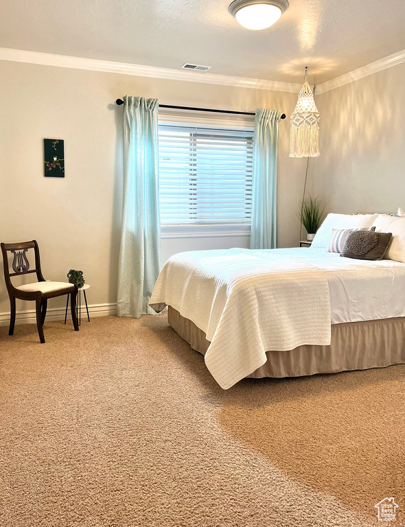Bedroom featuring crown molding and carpet floors