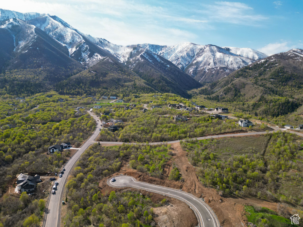 Aerial overview of property's location with a mountain backdrop