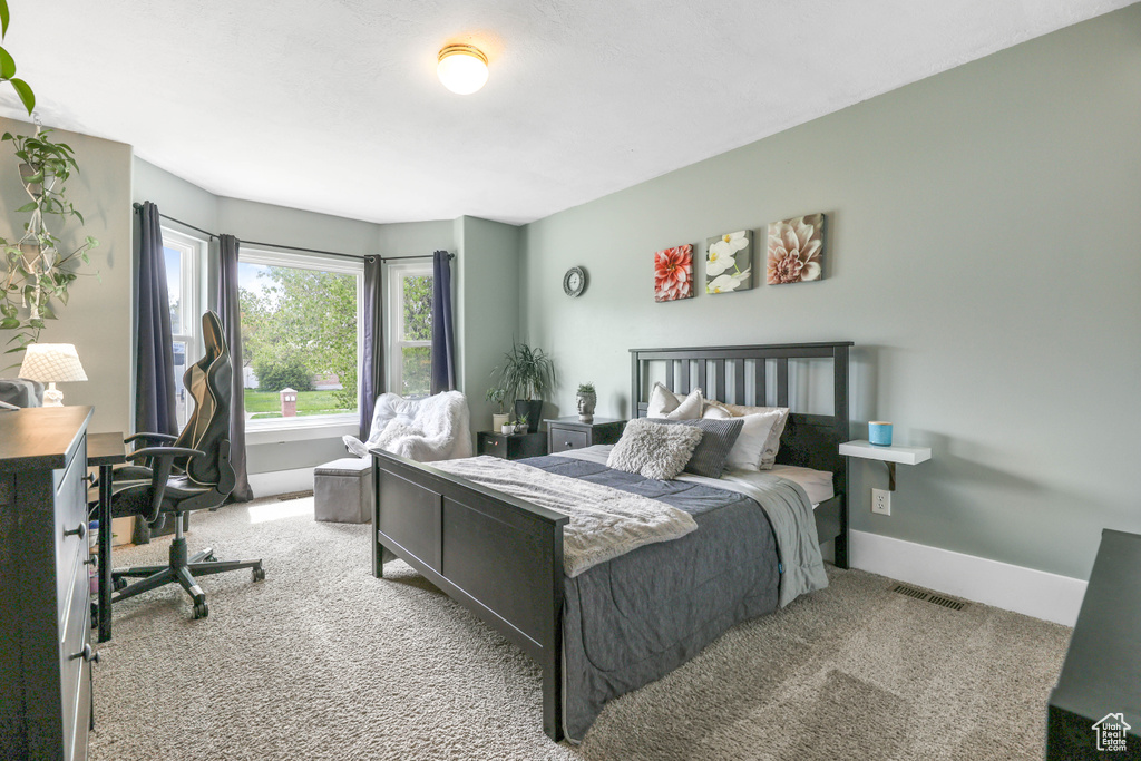 Bedroom with carpet, visible vents, and baseboards
