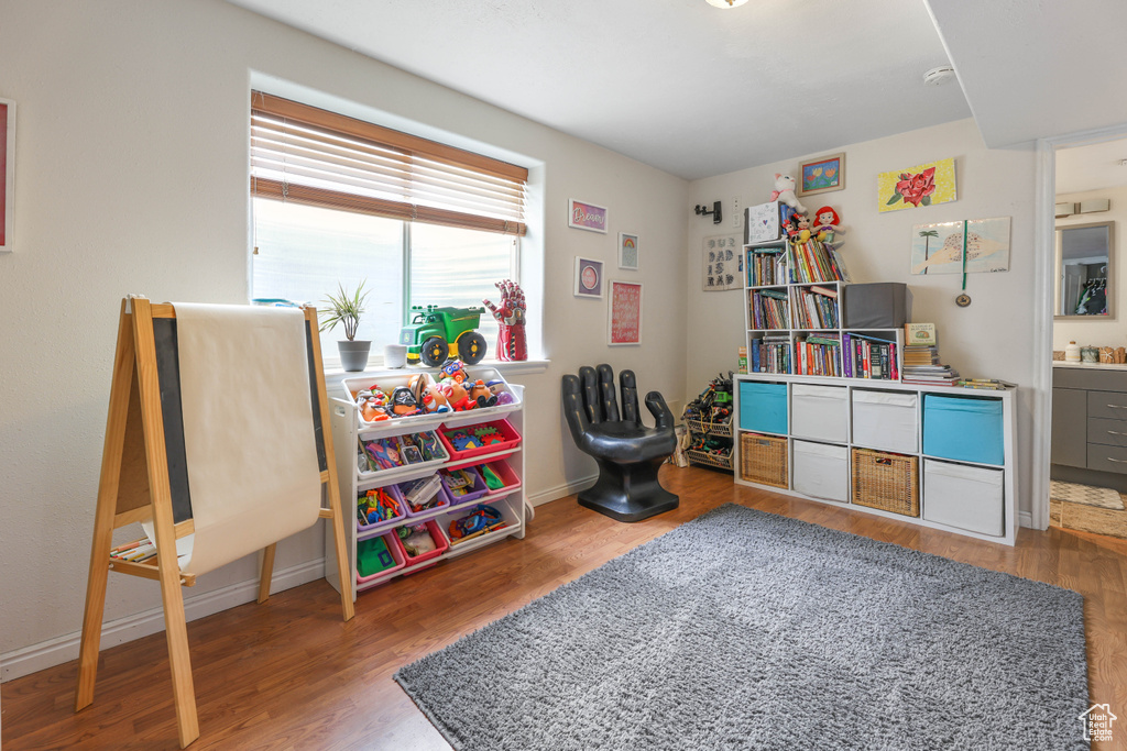 Rec room with baseboards and wood finished floors