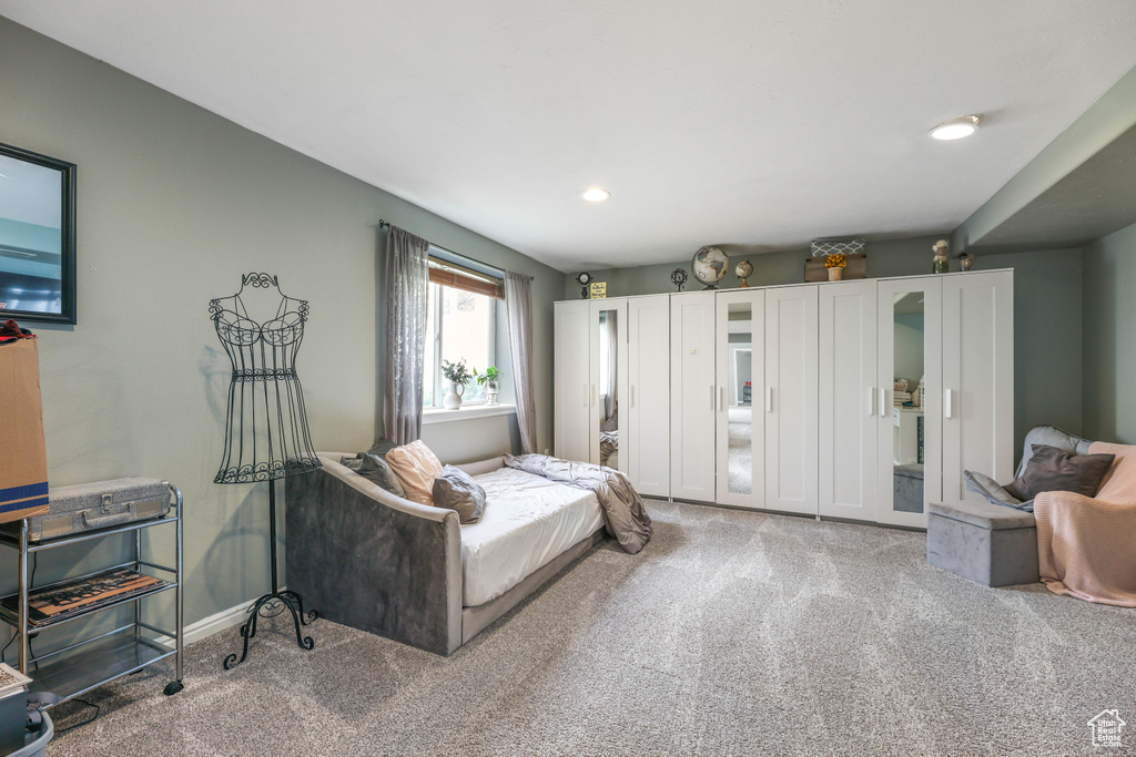 Bedroom featuring recessed lighting, carpet floors, and baseboards