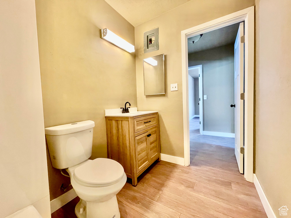 Bathroom with vanity, wood-type flooring, and toilet