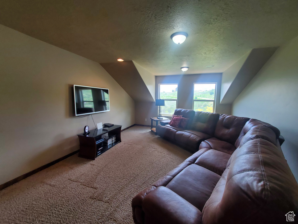 Living room featuring carpet flooring, baseboards, and a textured ceiling